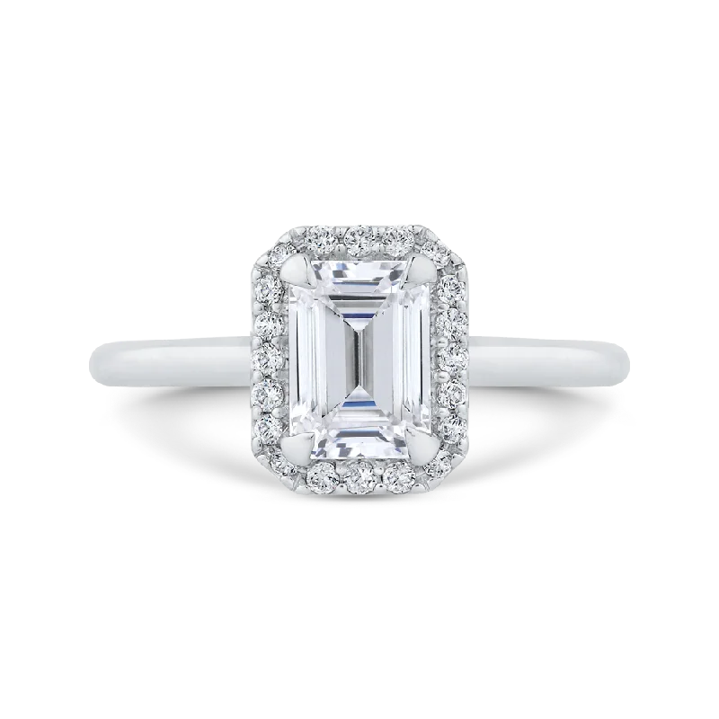 14K White Gold Emerald Cut Diamond Halo Engagement Ring (Semi Mount)