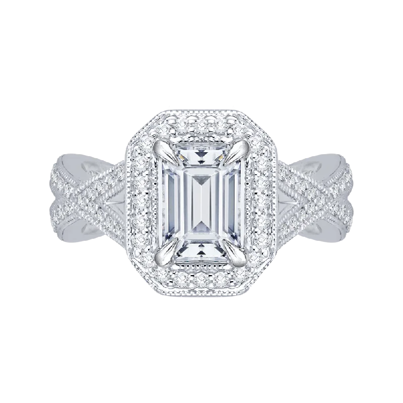 14K White Gold Emerald Cut Diamond Halo Engagement Ring with Split Shank (Semi Mount)