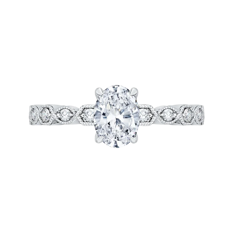 14K White Gold Oval Diamond Floral Engagement Ring (Semi Mount)