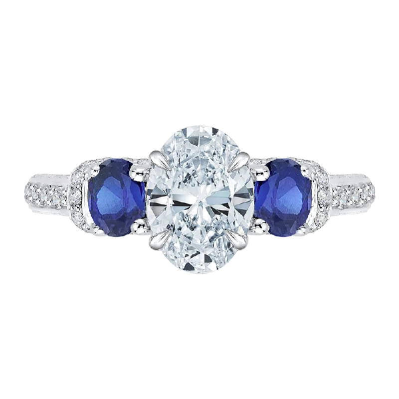 14K White Gold Oval Diamond With Sapphire Three Stone Engagement Ring (Semi Mount)