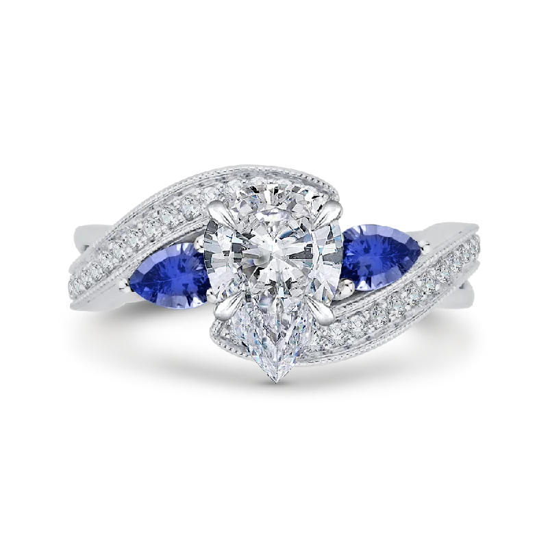 14K White Gold Pear Diamond Engagement Ring with Sapphire (Semi Mount)