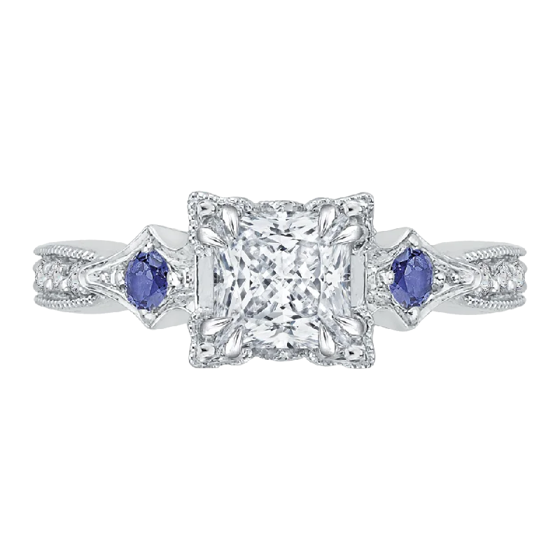 14K White Gold Princess Diamond Engagement Ring with Sapphire (Semi Mount)