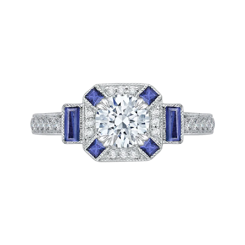 14K White Gold Round Diamond and Sapphire Engagement Ring (Semi Mount)