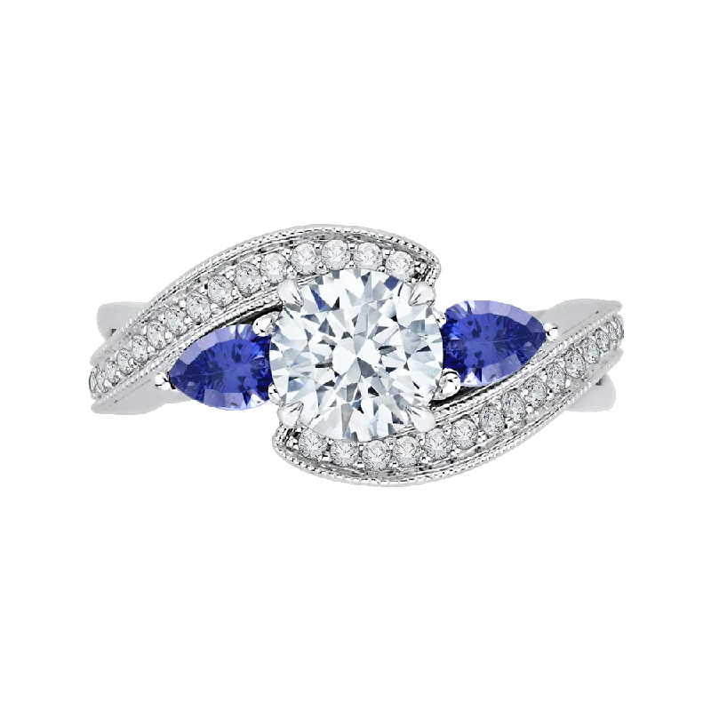 14K White Gold Round Diamond and Sapphire Engagement Ring (Semi Mount)