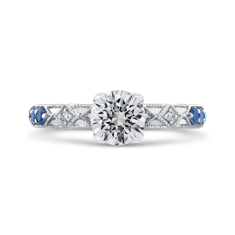 14K White Gold Round Diamond and Sapphire Engagement Ring (Semi Mount)