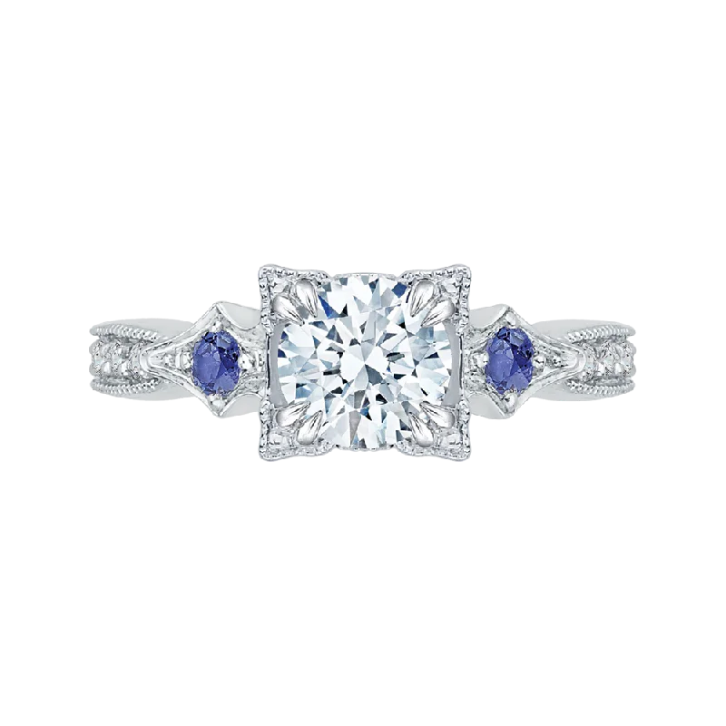 14K White Gold Round Diamond Engagement Ring with Sapphire (Semi Mount)