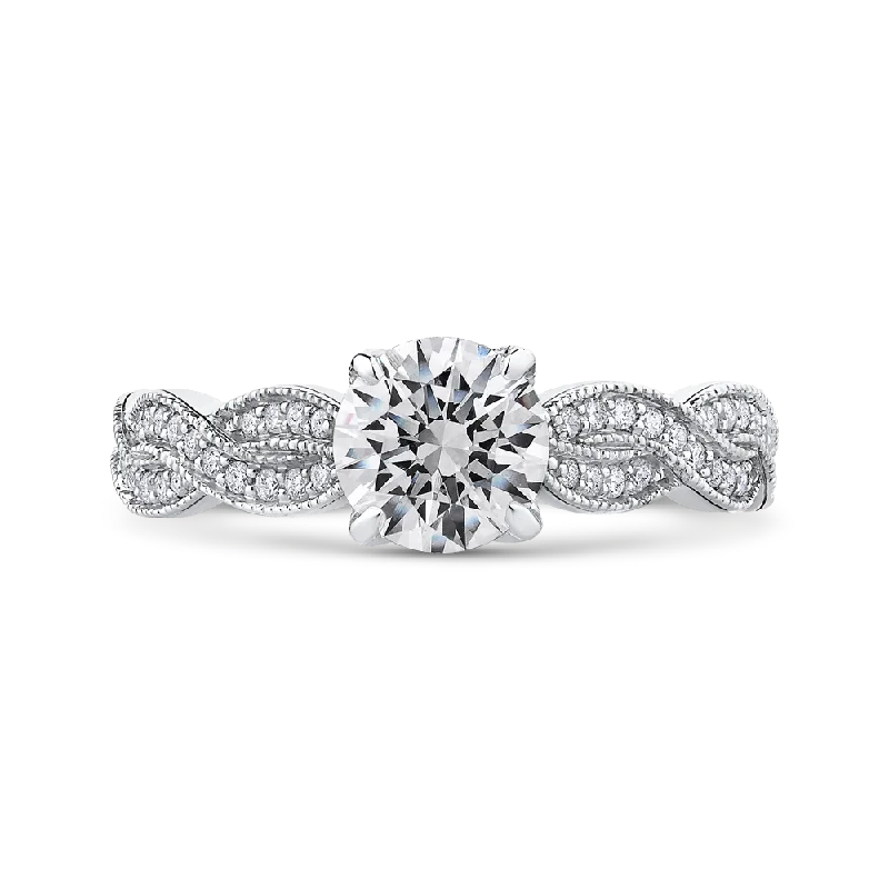 14K White Gold Round Diamond Floral Engagement Ring with Criss Cross Shank (Semi Mount)