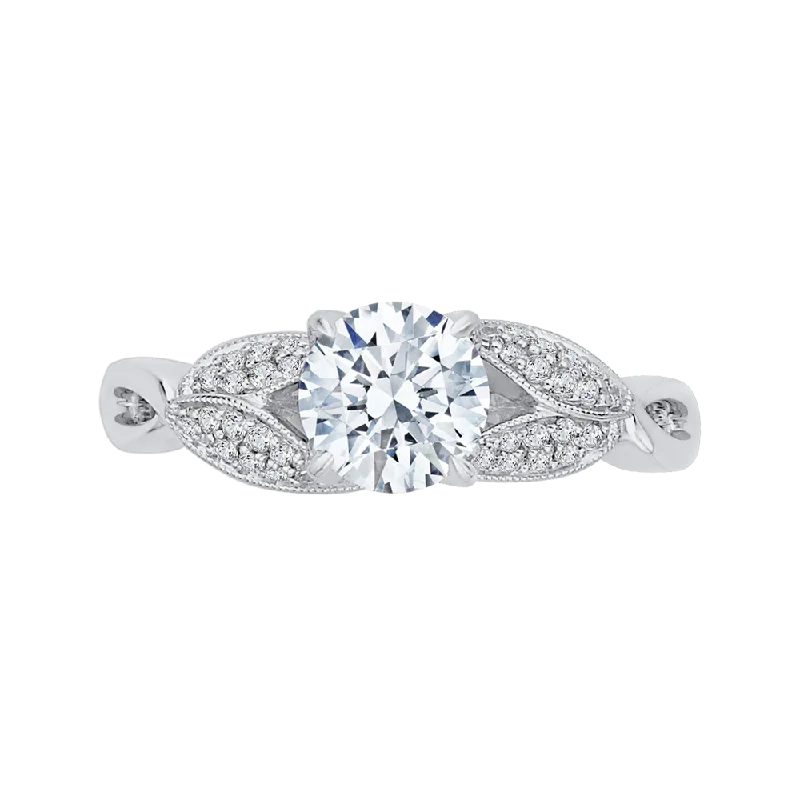 14K White Gold Round Diamond Floral Engagement Ring with Split Shank (Semi Mount)