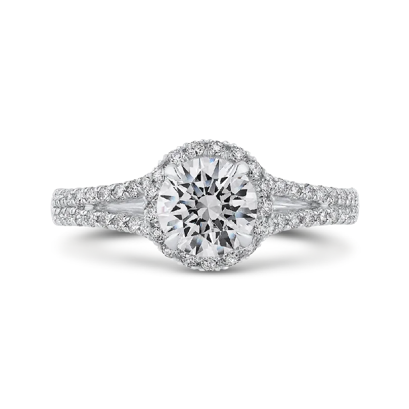 14K White Gold Round Diamond Halo Engagement Ring with Split Shank (Semi Mount)