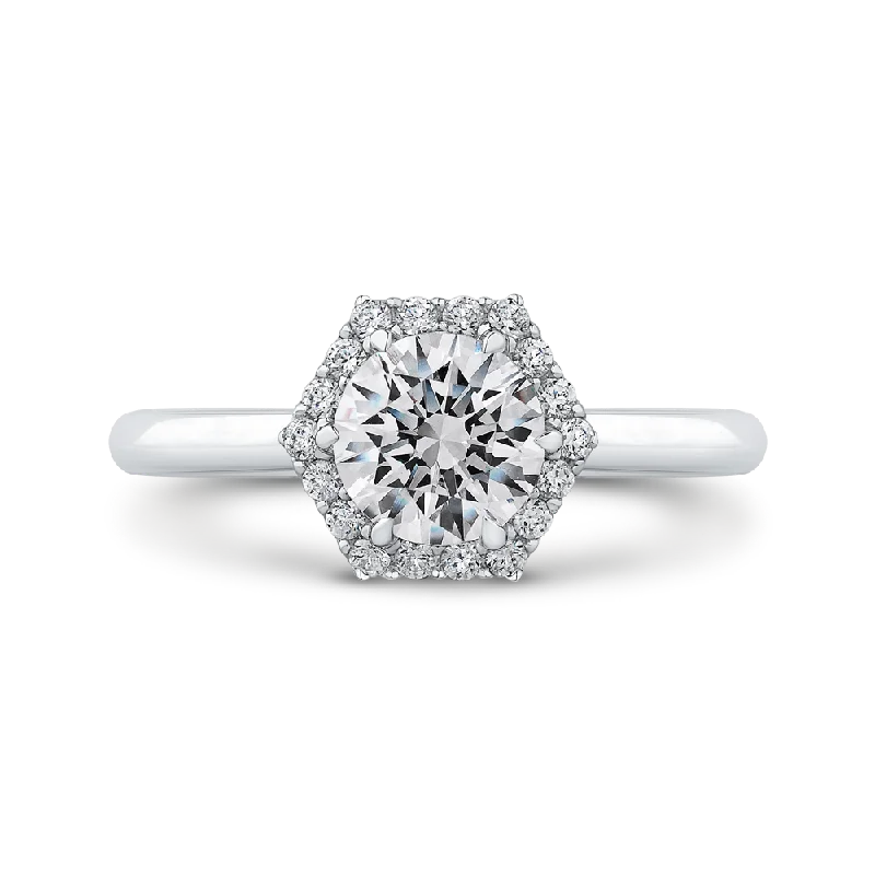 14K White Gold Round Diamond Hexagon Shape Halo Engagement Ring (Semi Mount)