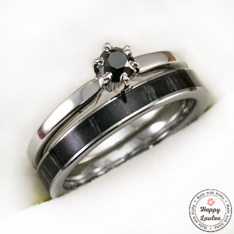 14k White Gold Solitaire .25CT Black Diamond Engagement Ring Set with Petite 3mm Width Tungsten Carbide Ebony Wood Ring