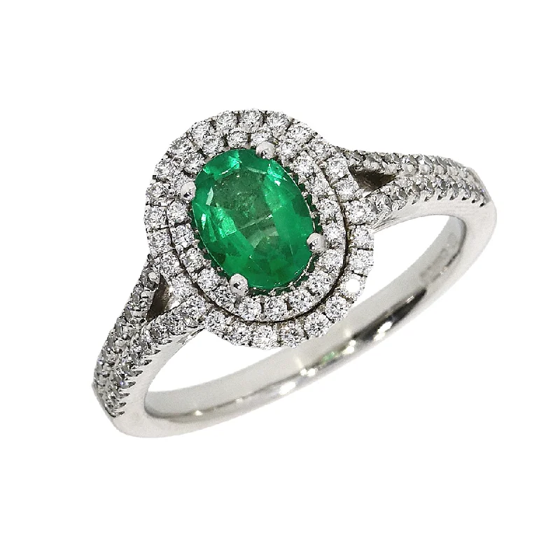 18ct White Gold-Double Halo Emerald Engagement Ring