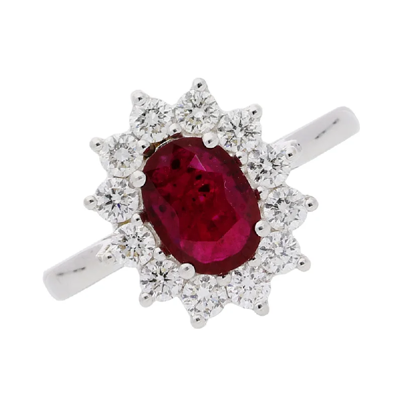 18ct White Gold Oval Ruby and Diamond Cluster Ring