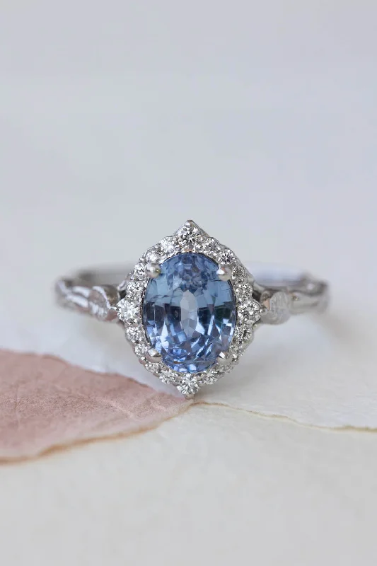 Blue sapphire engagement ring, white gold leaf ring with diamond halo / Florentina