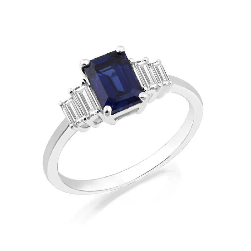 9ct White Gold Sapphire and Diamond Baguette Engagement Ring