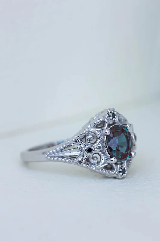 Alexandrite and black diamonds anniversary ring, white gold stars engagement ring / Galaxia