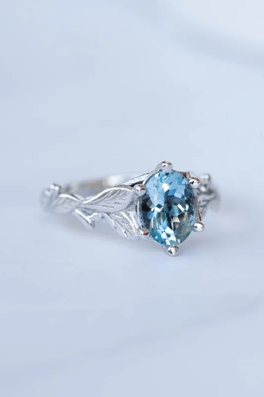 Aquamarine gold engagement ring, white gold leaves promise ring / Freesia