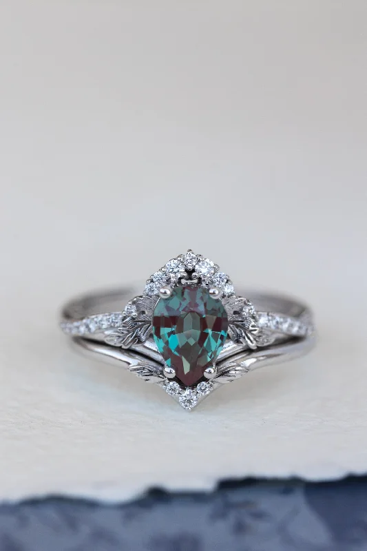 Colour changing alexandrite bridal ring set, white gold stacking rings with diamonds / Amelia