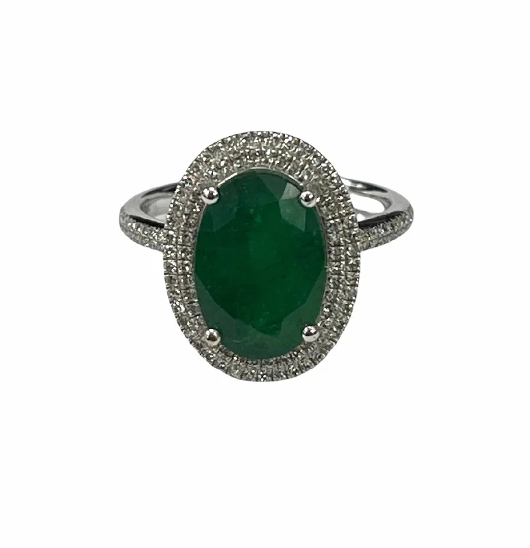 COLUMBIAN OVAL EMERALD GEM DIAMOND RING WHITE GOLD