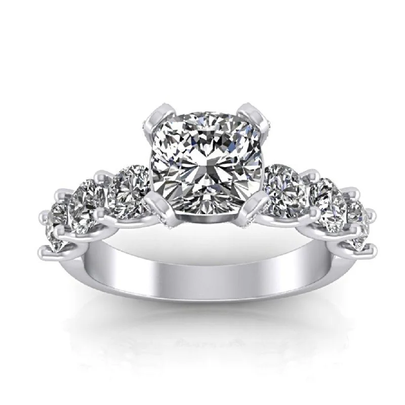 Cushion Cut Diamond Side Stones Engagement Ring 18K White Gold