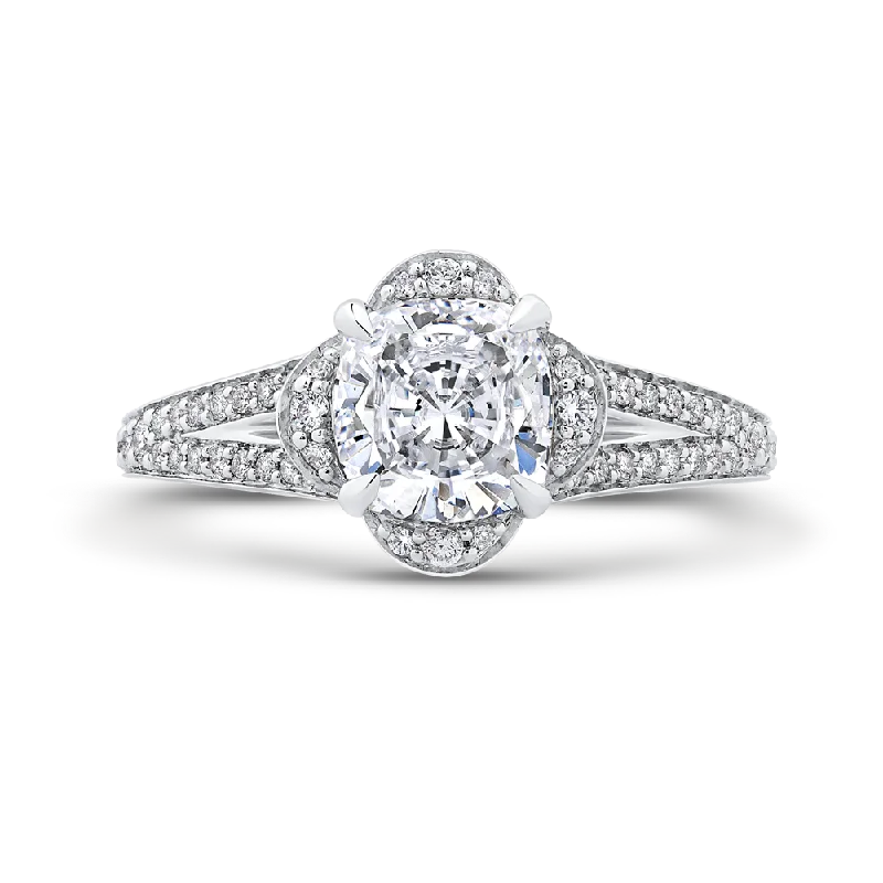 Cushion Diamond Cathedral Style Engagement Ring In 14K White Gold (Semi Mount)