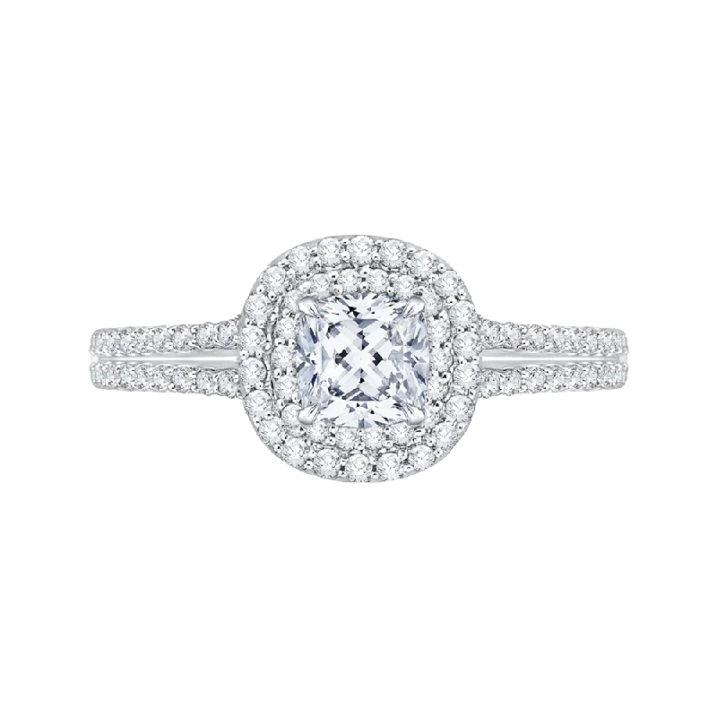 Cushion Diamond Double Halo Cathedral Style Engagement Ring In 14K White Gold (Semi Mount)