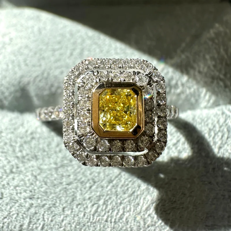 0.30ct Radiant Yellow Diamond Double Halo Yellow Radiant Ring 18k White Gold