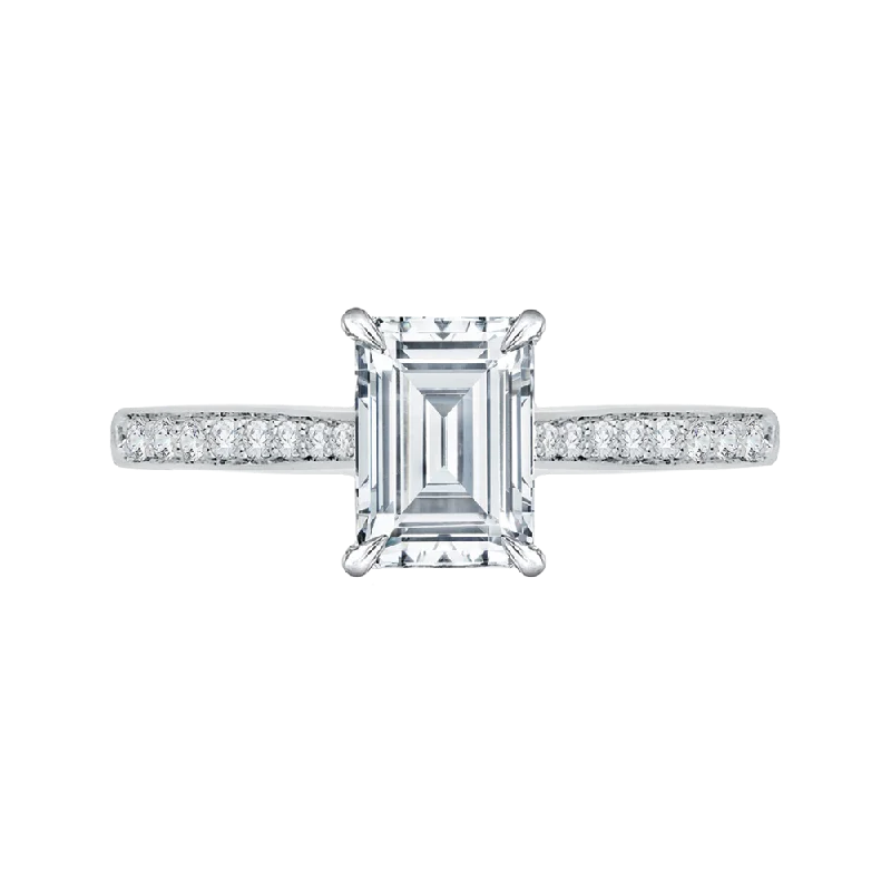 Emerald Cut Diamond Solitaire with Accents Engagement Ring In 14K White Gold (Semi Mount)