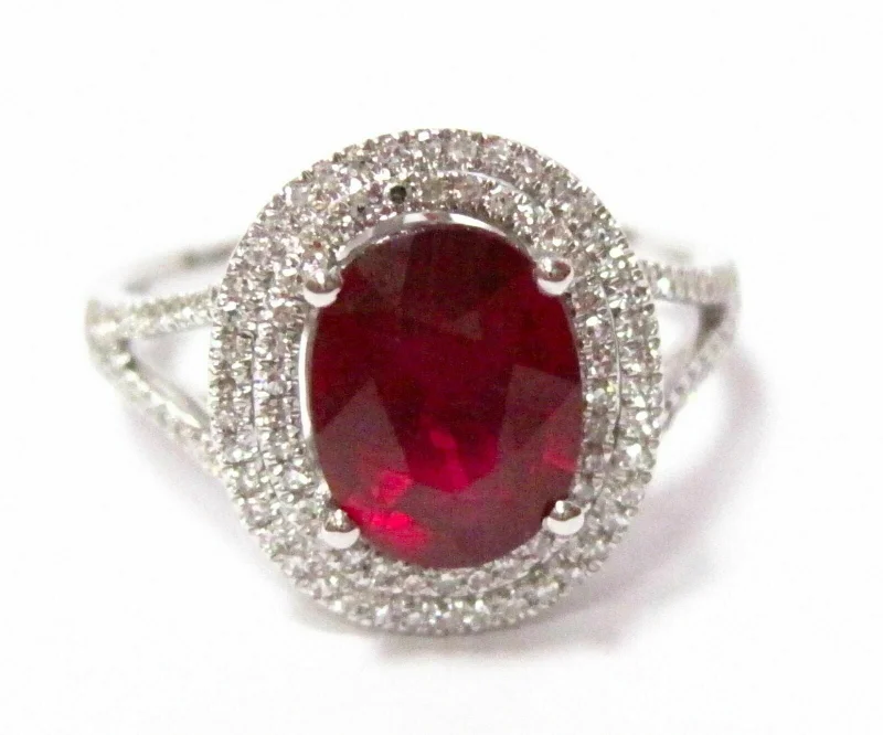 Fine Natural Oval Ruby Gem Diamond Ring 14kt White Gold