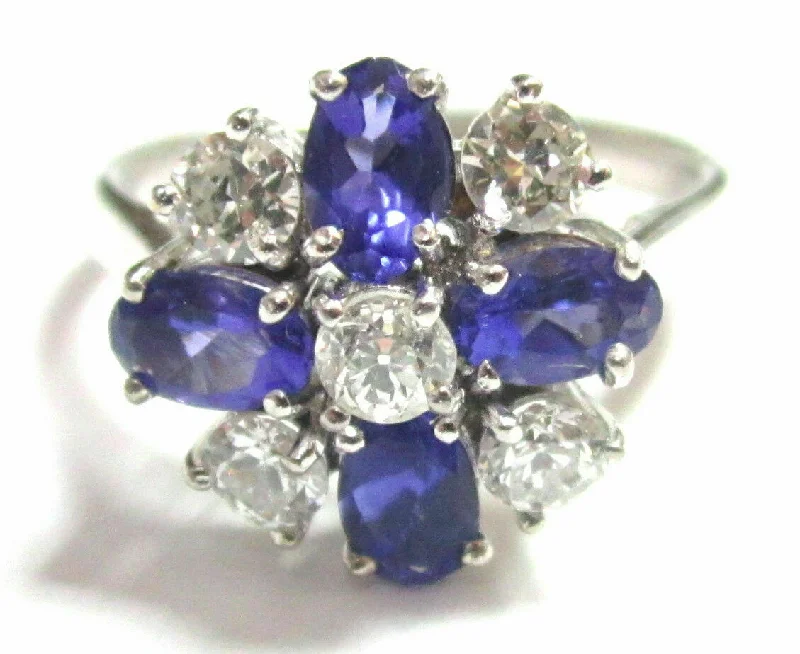 FINE TANZANITES & DIAMONDS STONES FLOWER RING 18K WHITE GOLD