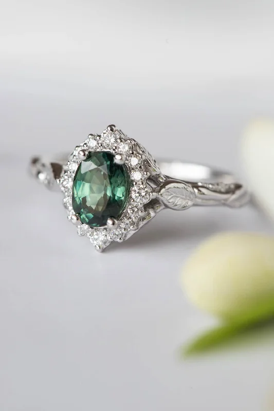 Genuine teal sapphire engagement ring, white gold engagement ring with diamond halo / Florentina