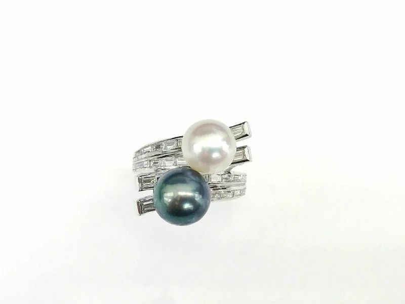 Green & White Round Pearl Ring with Crossed Baguette Diamonds in 18K White Gold