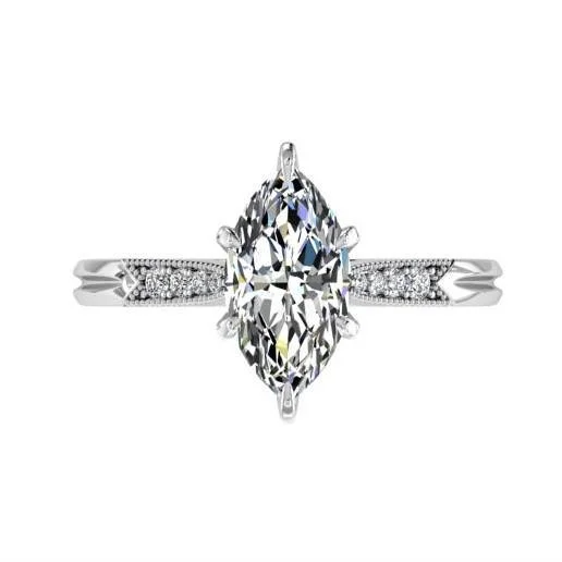 Marquise Diamond Engagement Ring 18K White Gold Setting 8 Side Stones