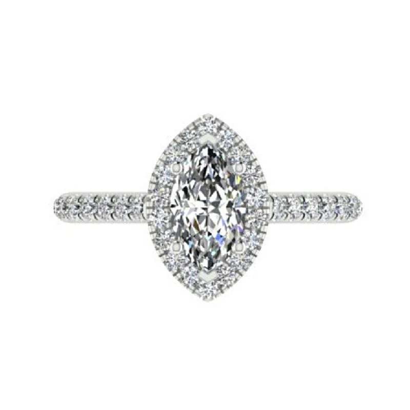 Marquise Diamond Halo Engagement Ring with Sides Stones 18K White Gold Setting