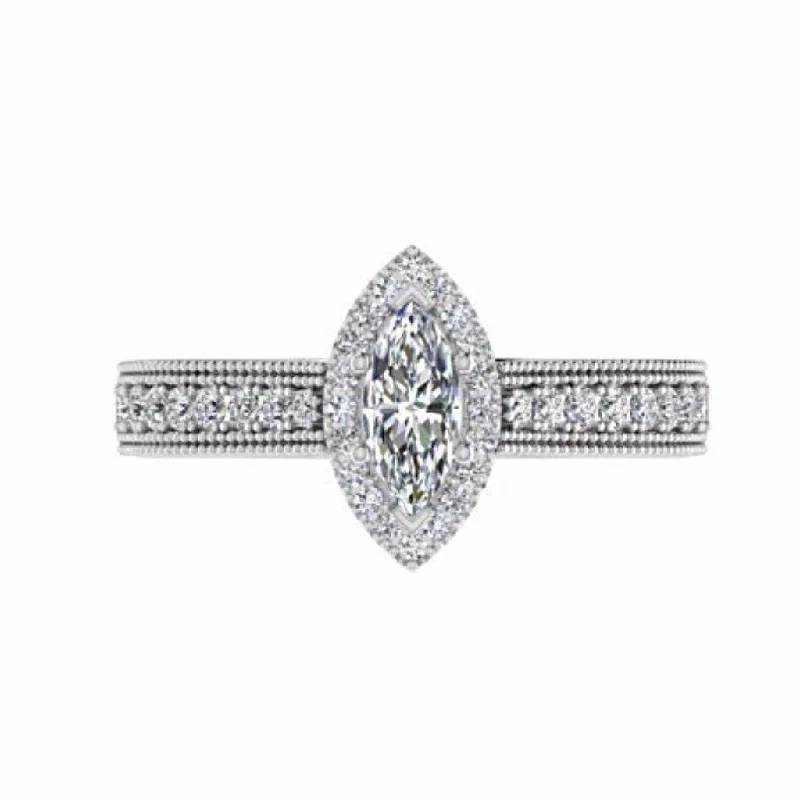 Marquise Diamond Halo Side Stone Engagement Ring 18K White Gold Setting