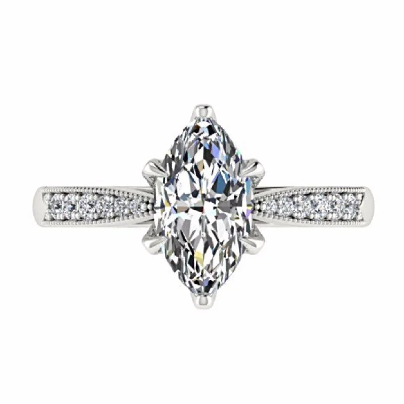 Marquise Diamond Engagement Ring 18K White Gold Setting 12 Side Stones