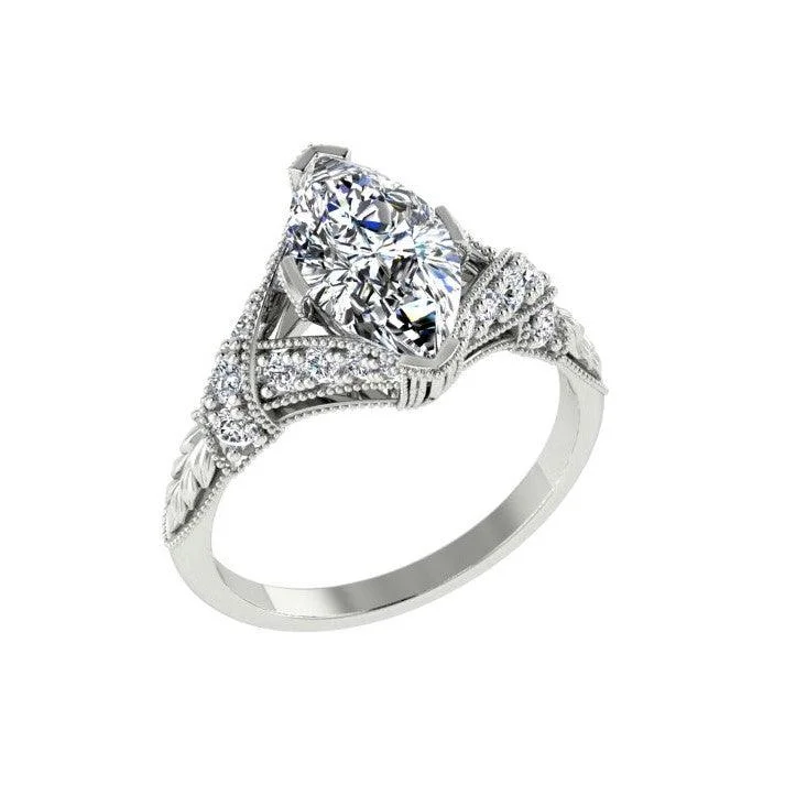 Marquise Diamond Side Stone Twisted Carved Band Engagement Ring 18K White Gold (0.26 ct.tw.)