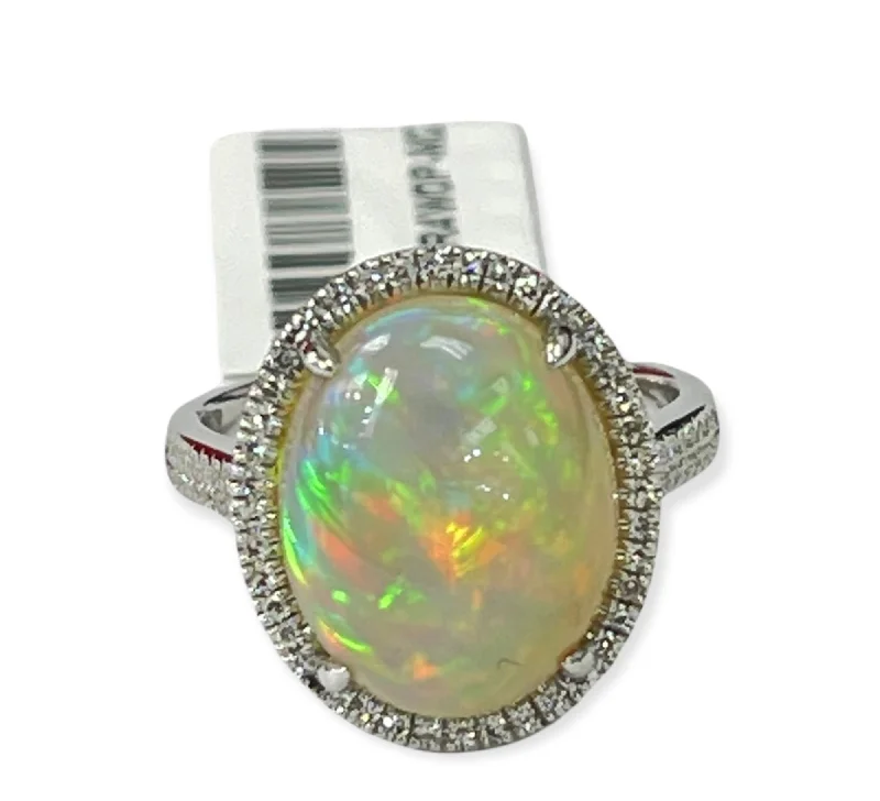 Opal Gem Oval Halo Diamond Ring White Gold 14KT