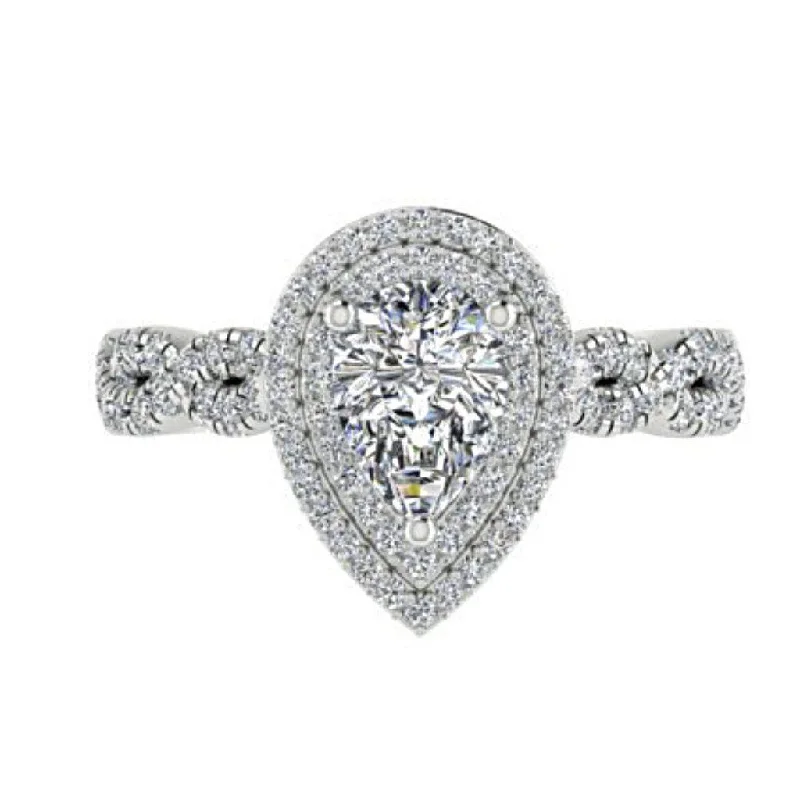 Pear Diamond Double Halo Engagement Ring 18K White Gold