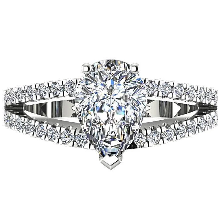 Pear Diamond Split Shank Engagement Ring with Side Stones 18K White Gold