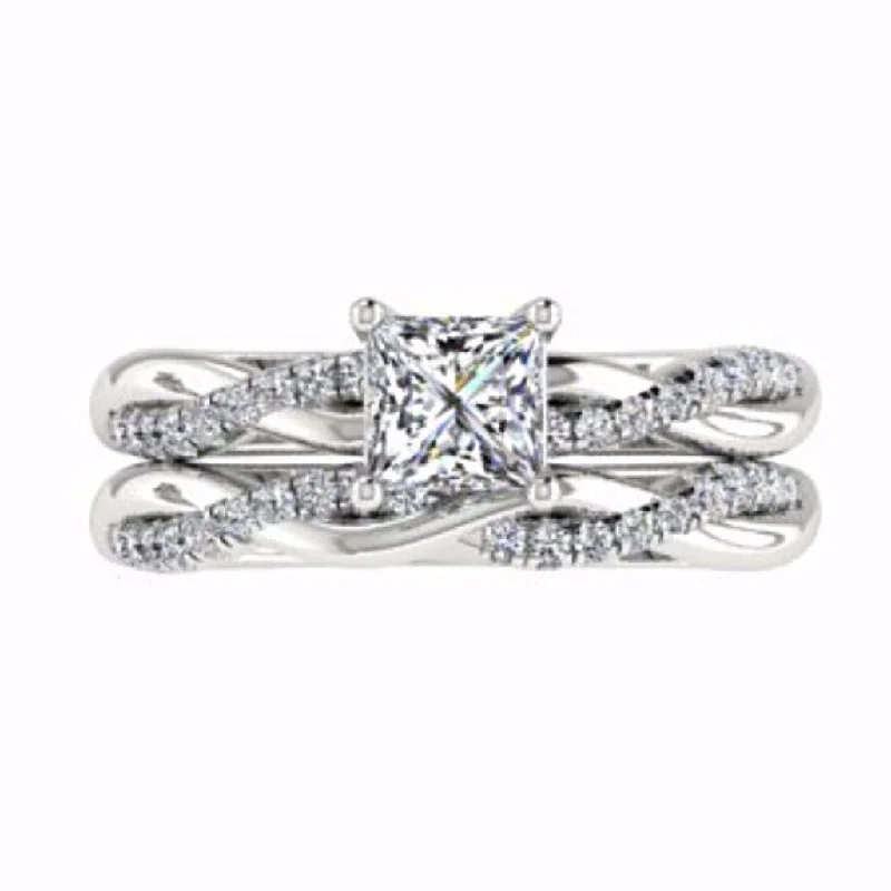 Princess Cut Twist Band Side Stone Engagement Ring Set 18K White Gold