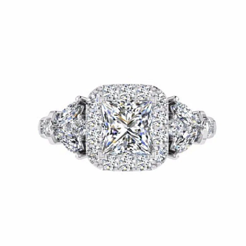 Princess Halo Diamond Engagement Ring with Fancy Side Stones 18K White Gold