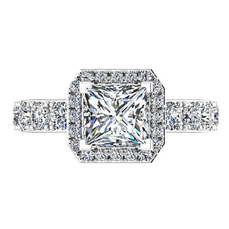 Princess Halo Diamond Engagement Ring with Side Stones 18K White Gold