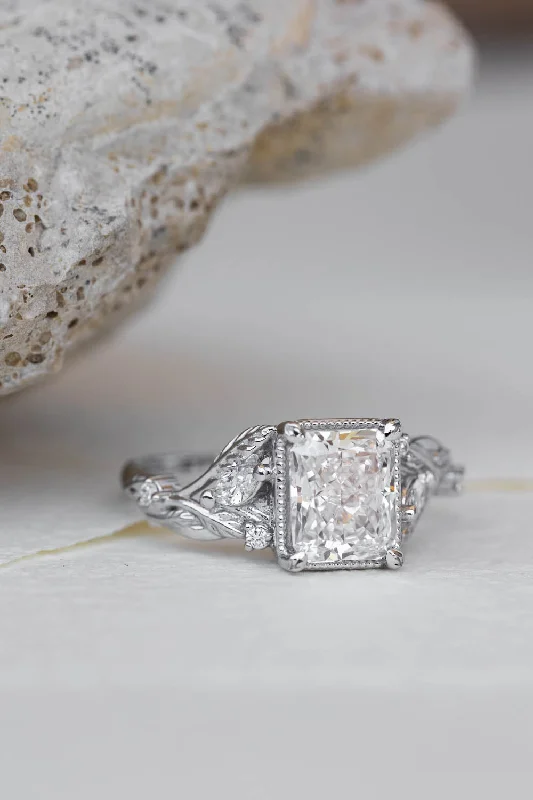 Radiant cut lab grown diamond engagement ring, white gold leaves and diamonds proposal ring / Patricia