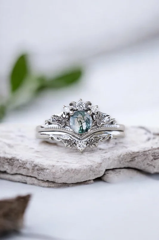 READY TO SHIP: Ariadne bridal ring set in 14K white gold, natural moss agate 5 mm, accent lab grown diamonds, AVAILABLE RING SIZES: 5.5 - 11 US