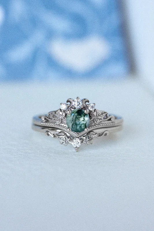 READY TO SHIP: Ariadne bridal ring set in 18K white gold, natural moss agate 5 mm, accent moissanites, AVAILABLE RING SIZES: 8.5 - 11.5 US