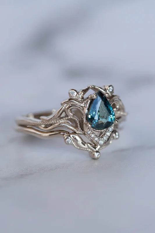 READY TO SHIP: Lida small ring set in 14K white gold, pear cut natural teal sapphire 7x5 mm, moissanites, RING SIZE 6.5 - 9.5 US