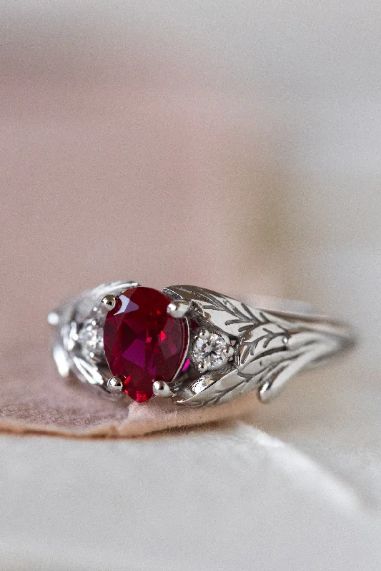 READY TO SHIP: Wisteria ring in 14K white gold, lab ruby pear cut 7x5 mm, accent moissanites, AVAILABLE RING SIZES: 4 - 7 US