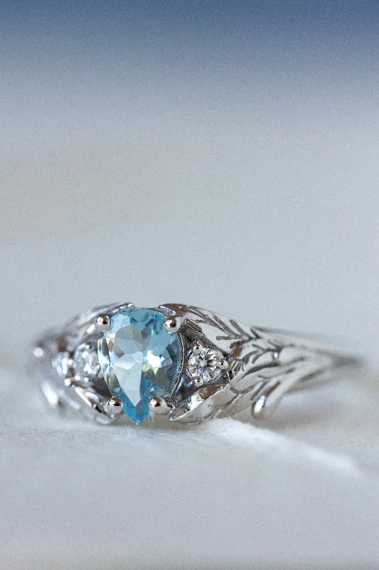 READY TO SHIP: Wisteria ring in 14K white gold, natural aquamarine pear cut 7x5 mm, accent moissanites, AVAILABLE RING SIZES: 6.5 - 9.5 US