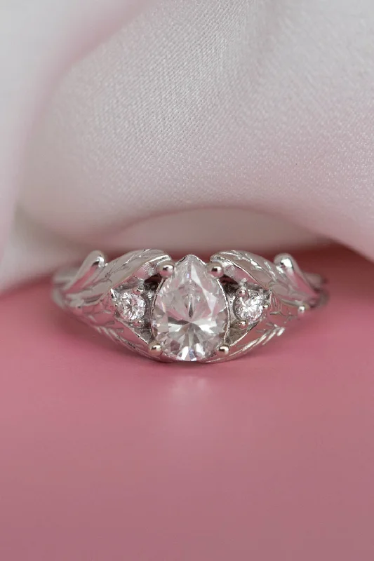 READY TO SHIP: Wisteria ring in 14K white gold, pear cut moissanite 7x5 mm, moissanites, RING SIZE 4.5 - 7.5 US